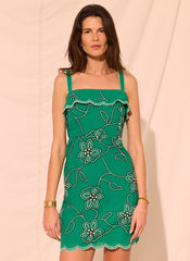 Green Cotton Floral Embroidered Mini Dress
