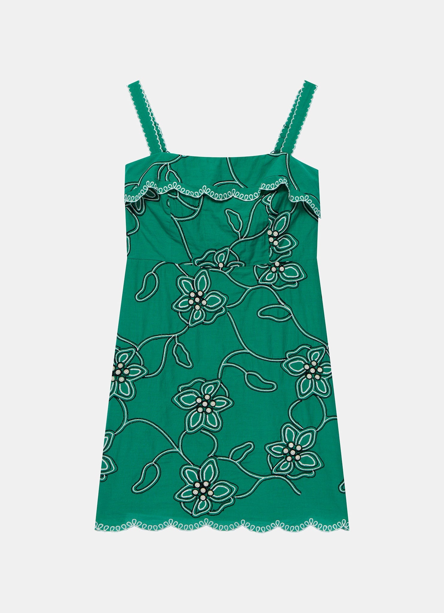 Green Cotton Floral Embroidered Mini Dress