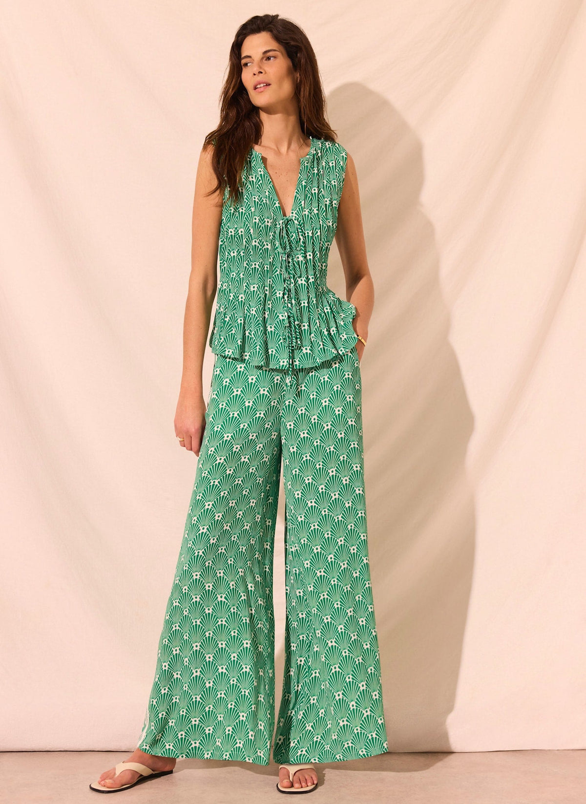 Green Shell Print Wide Leg Trousers