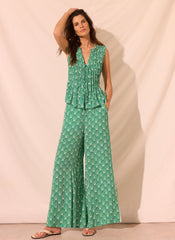 Green Shell Print Wide Leg Trousers