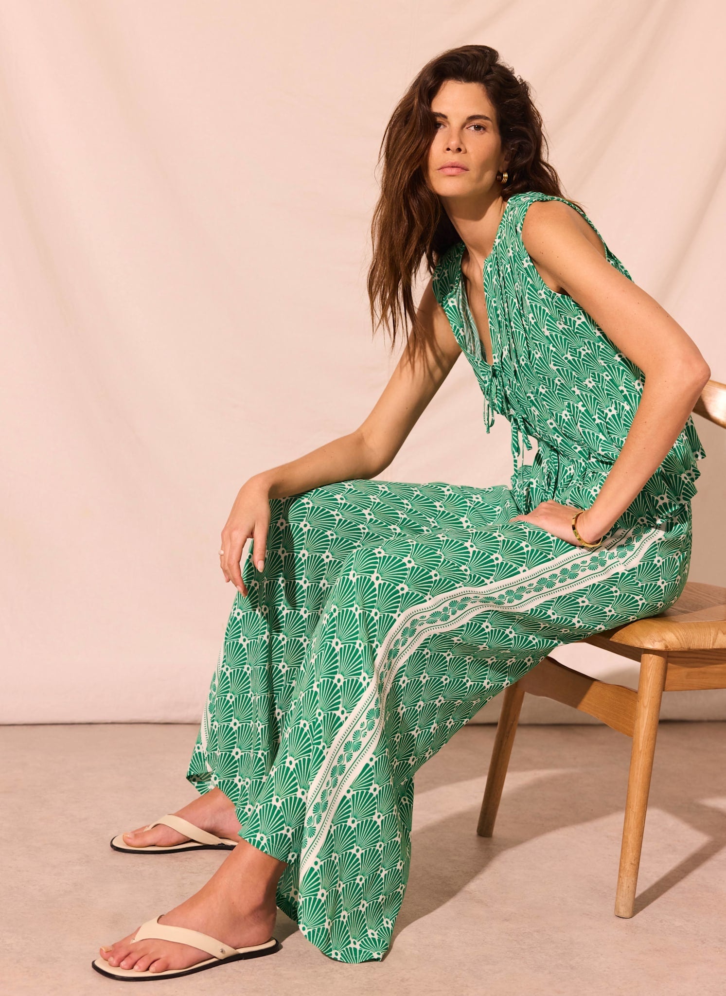 Green Shell Print Wide Leg Trousers