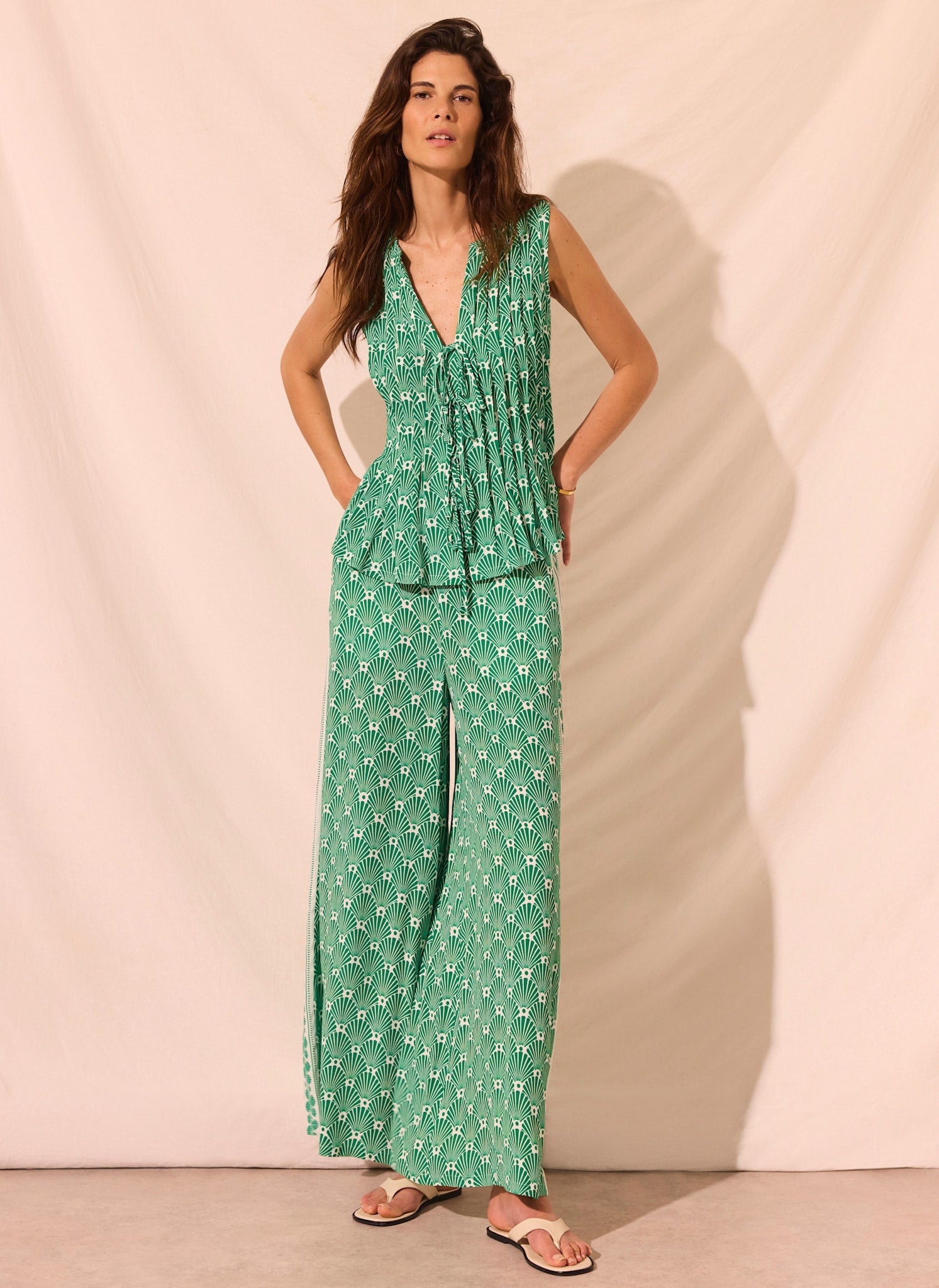 Green Shell Print Wide Leg Trousers