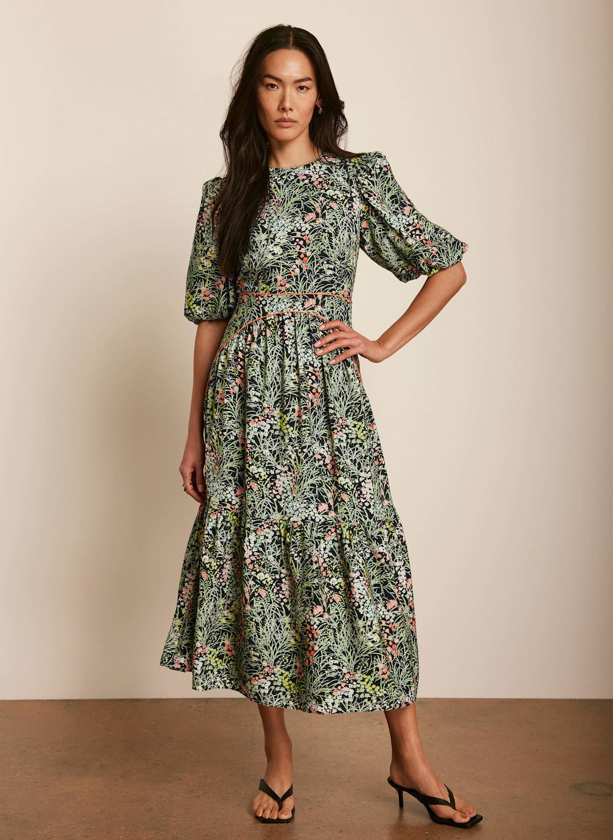 Green Floral Print Midi Dress