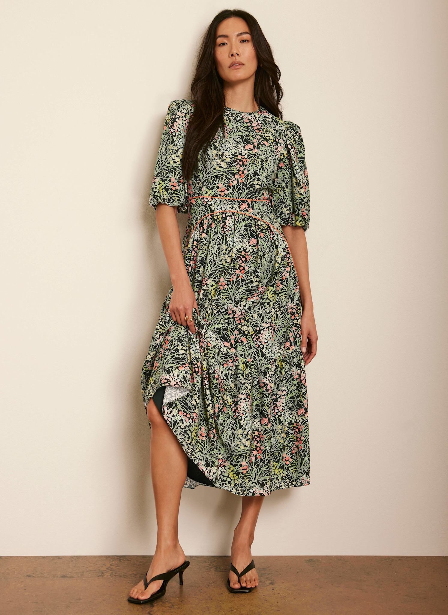 Green Floral Print Midi Dress