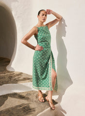 Green Linen Blend Printed Midi Dress