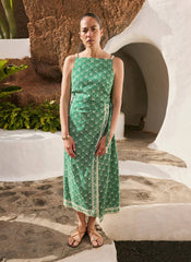 Green Linen Blend Printed Midi Dress