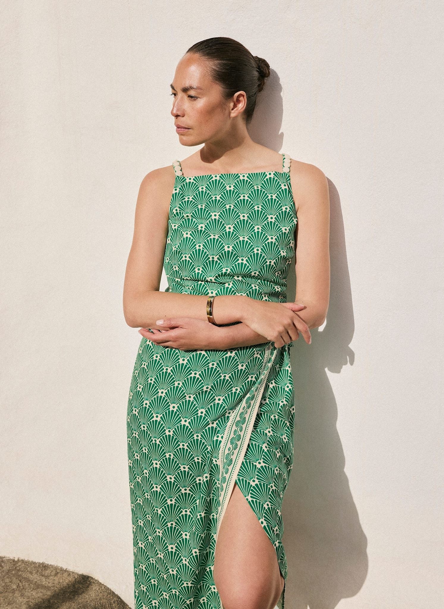 Green Linen Blend Printed Midi Dress