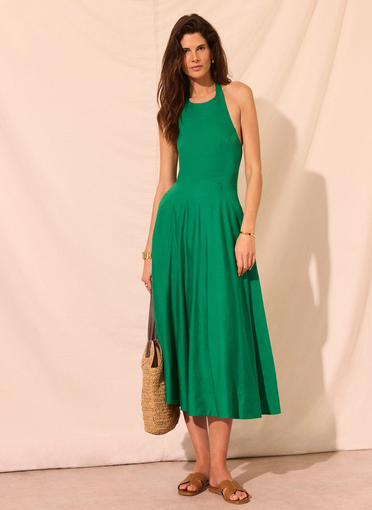 Green Linen Blend Halter Midi Dress