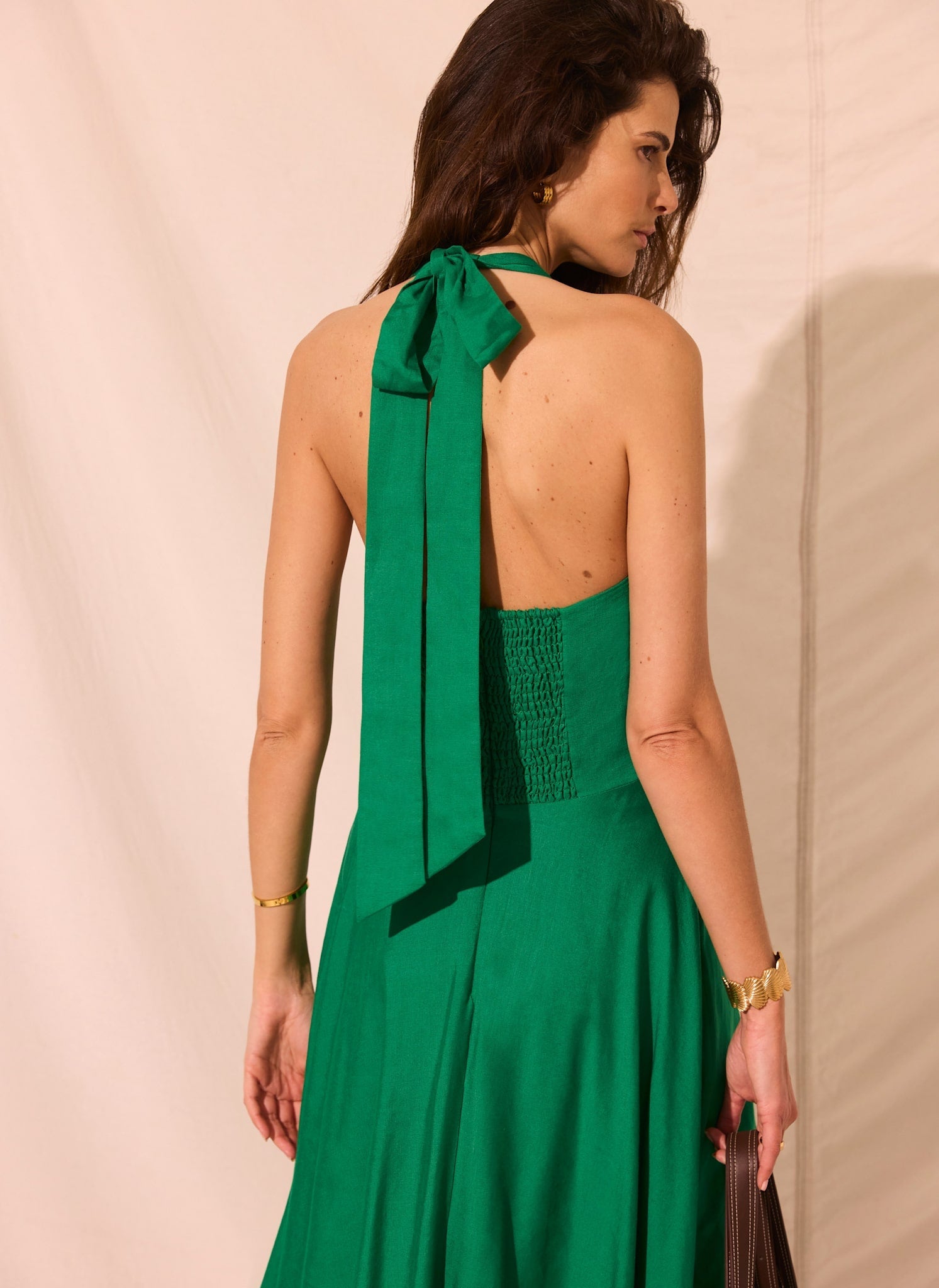 Green Linen Blend Halter Midi Dress