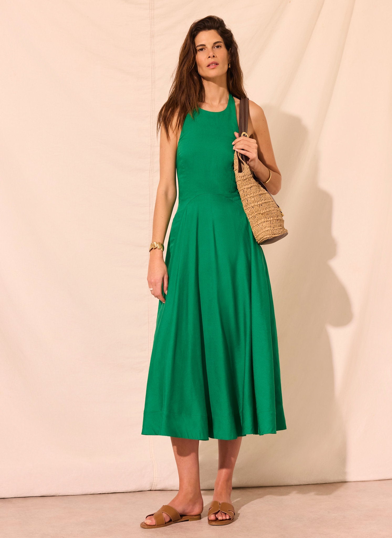 Green Linen Blend Halter Midi Dress