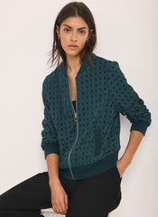 Teal Geometric Lace Bomber Jacket