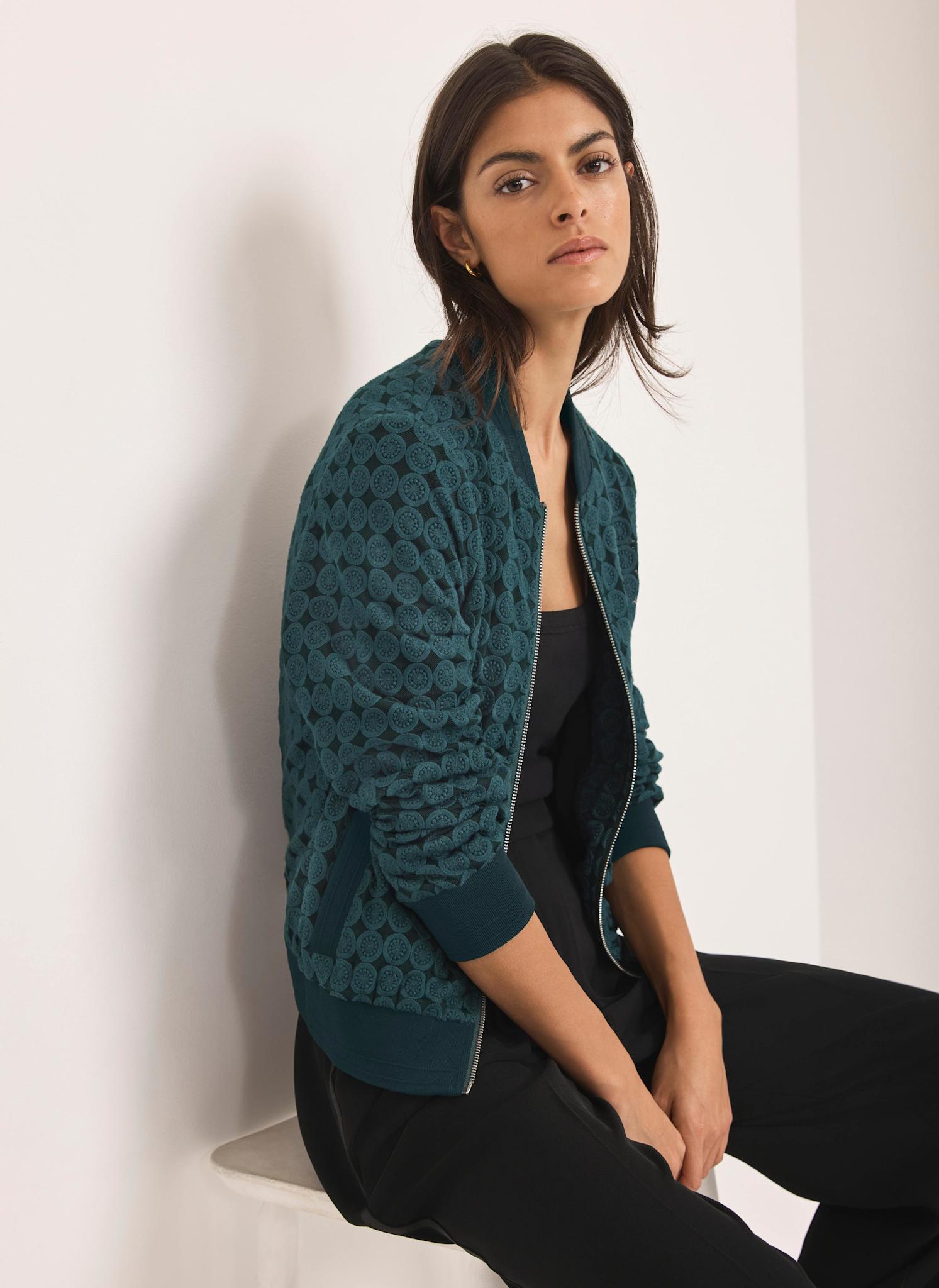 Teal Geometric Lace Bomber Jacket