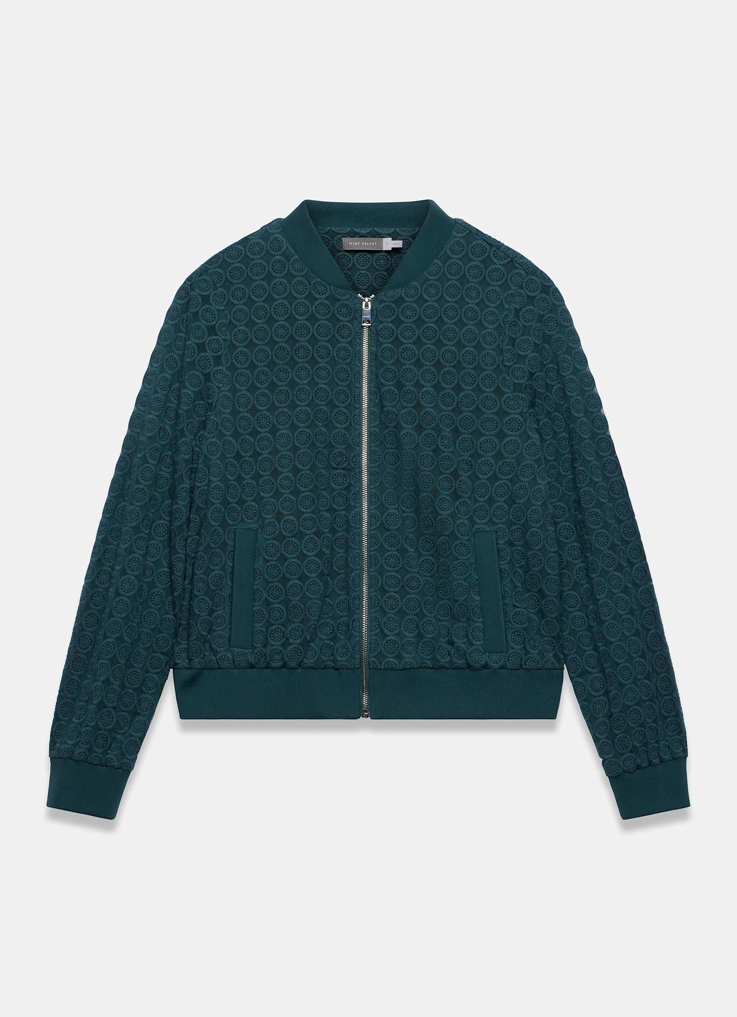 Teal Geometric Lace Bomber Jacket