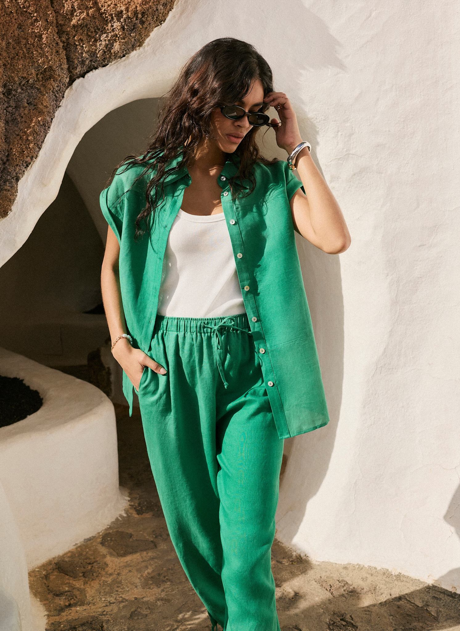 Green Linen Blend Sheer Shirt