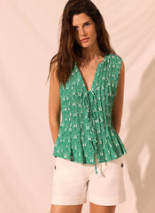 Green Shell Print Pintuck Top