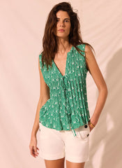Green Shell Print Pintuck Top