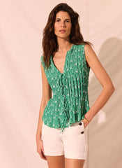 Green Shell Print Pintuck Top