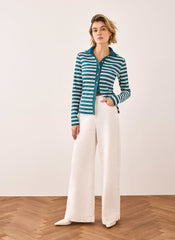 Teal Cotton Blend Striped Polo Shirt