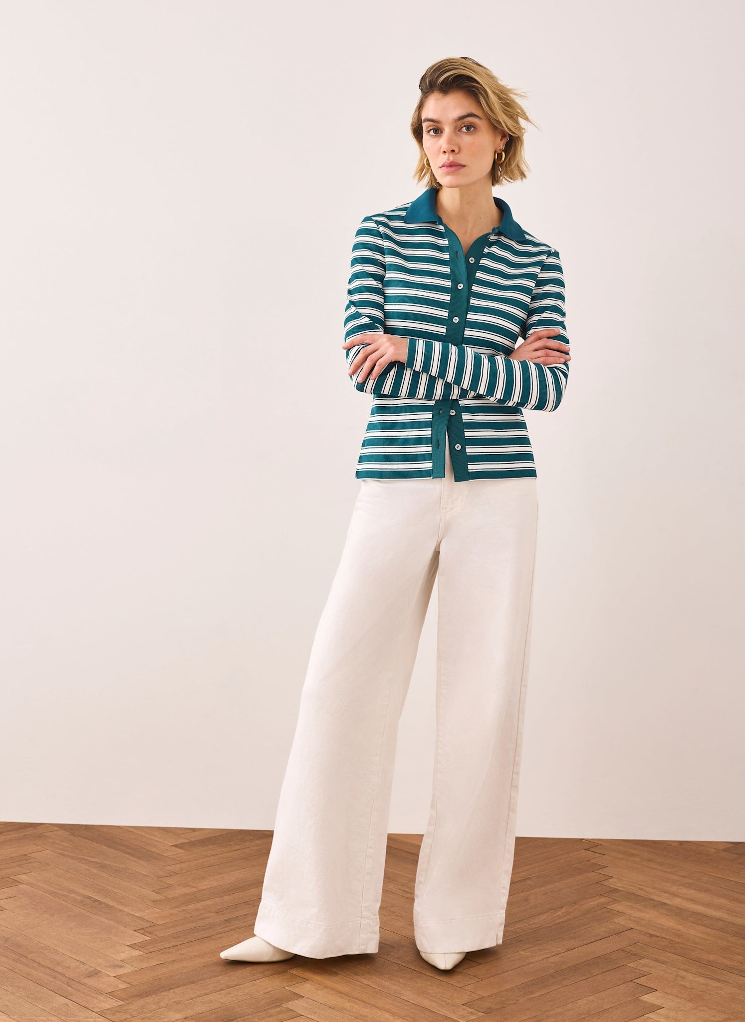Teal Cotton Blend Striped Polo Shirt