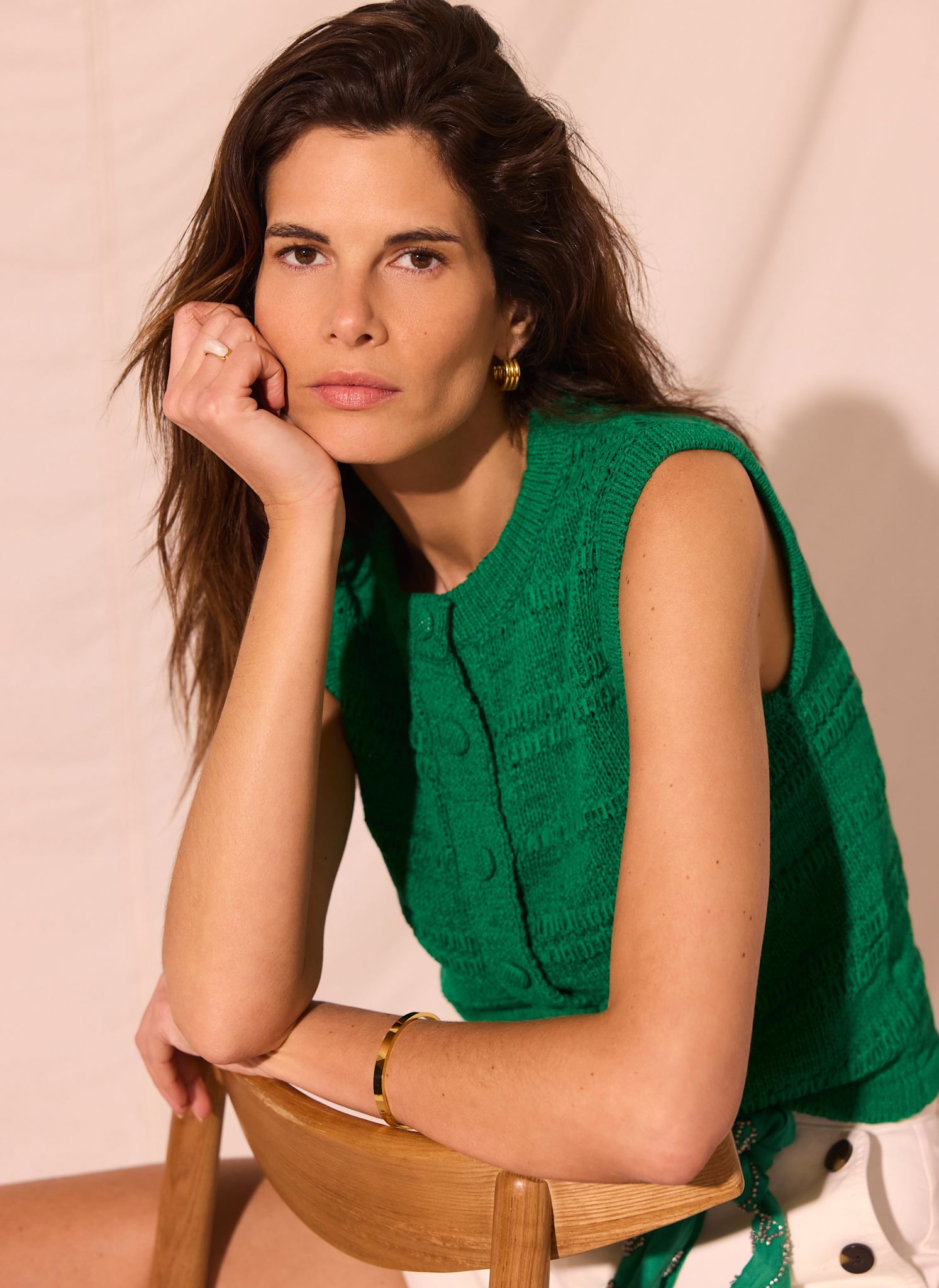 Green Cotton Blend Button Detail Knit Top