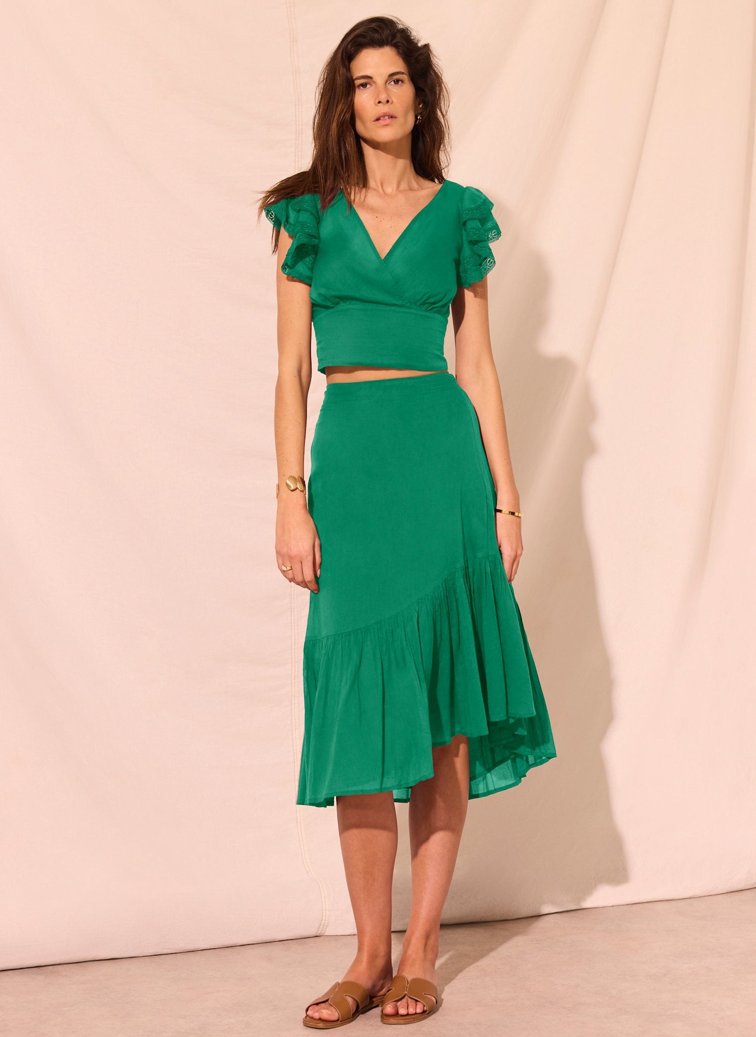 Green Cotton Top and Midi Skirt Set