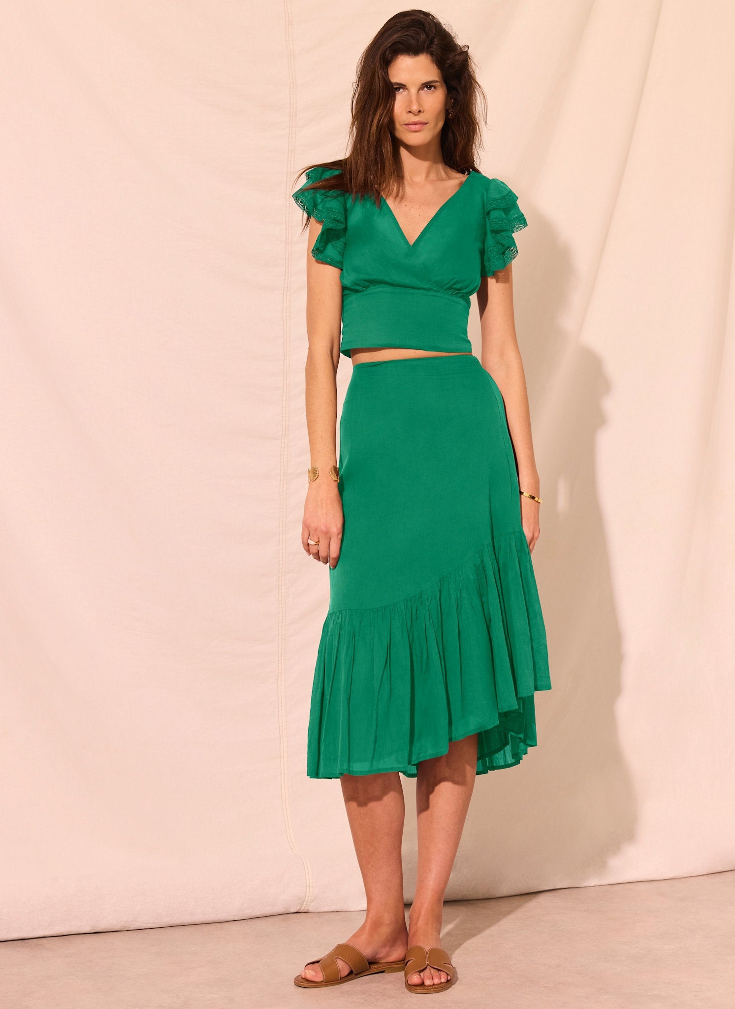 Green Cotton Top and Midi Skirt Set