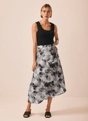 Grey Floral Print Midi Skirt