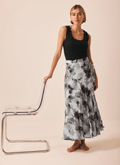 Grey Floral Print Midi Skirt
