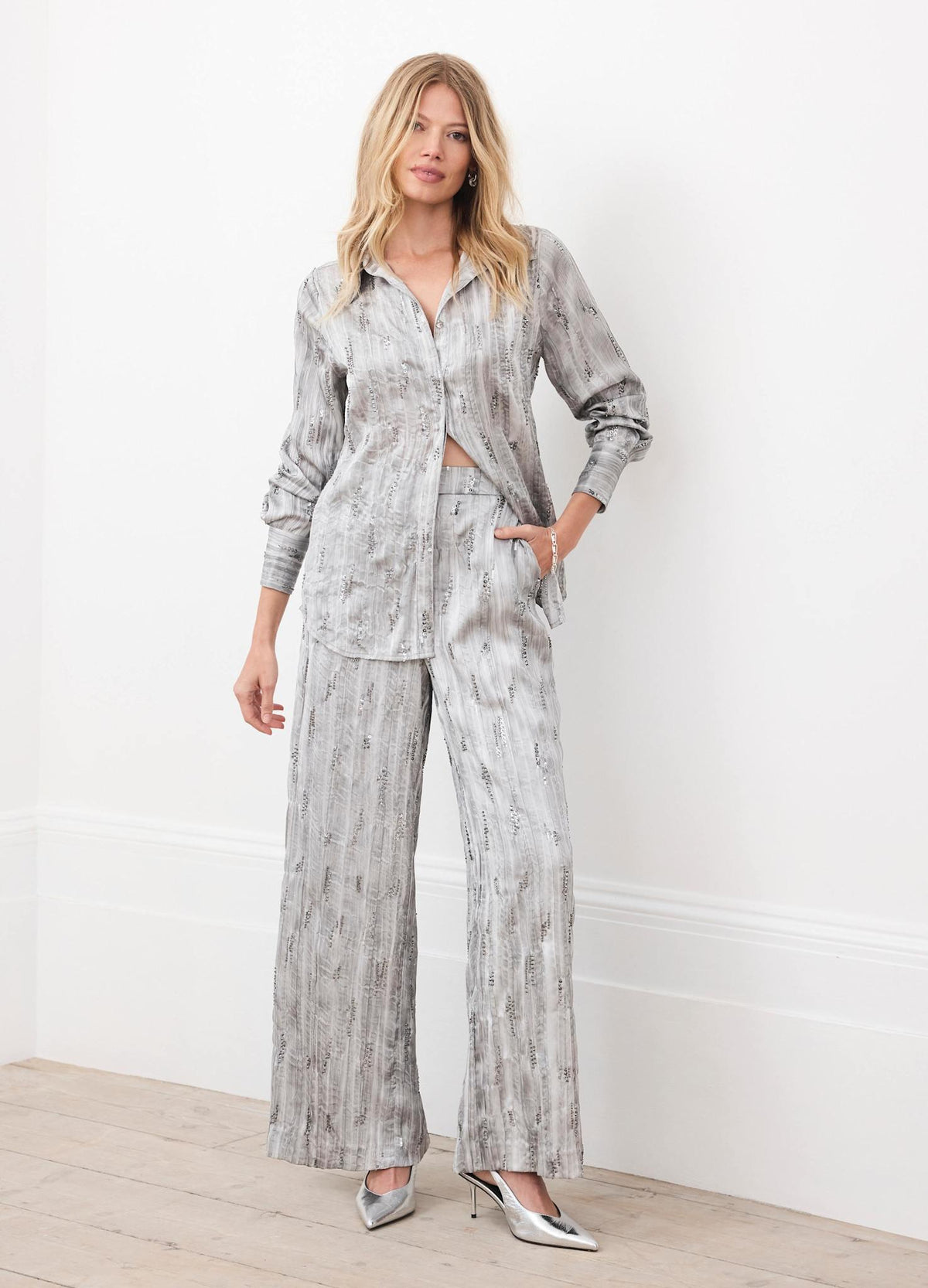 Silver Embellished Wide Leg Trousers