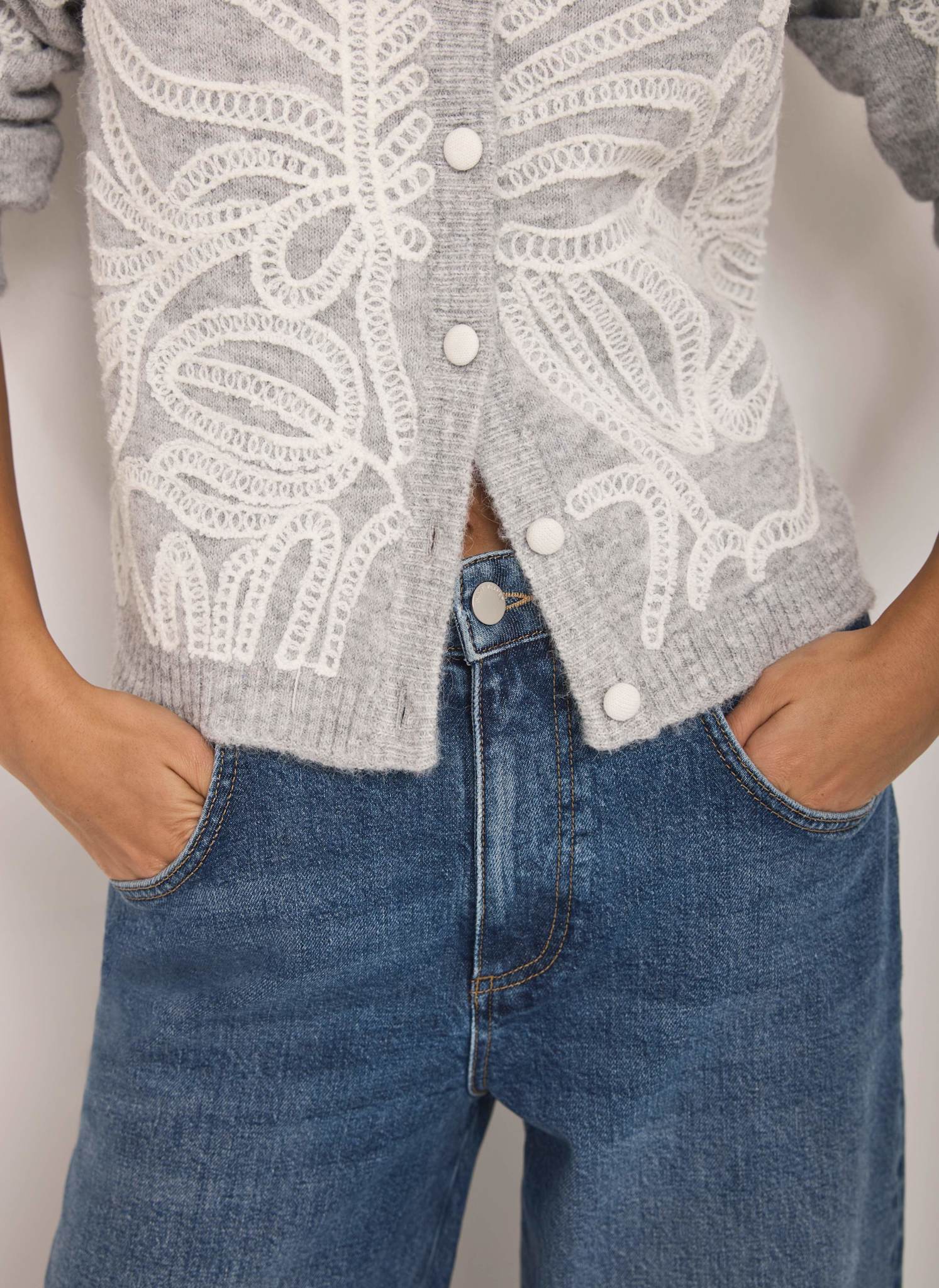 Grey Embroidered Knit Cardigan