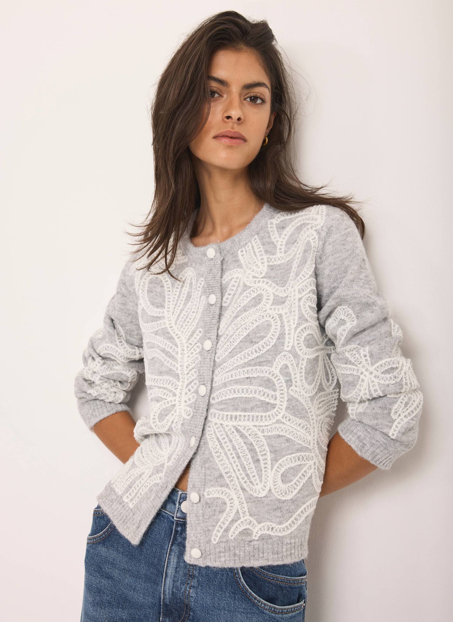Grey Embroidered Knit Cardigan