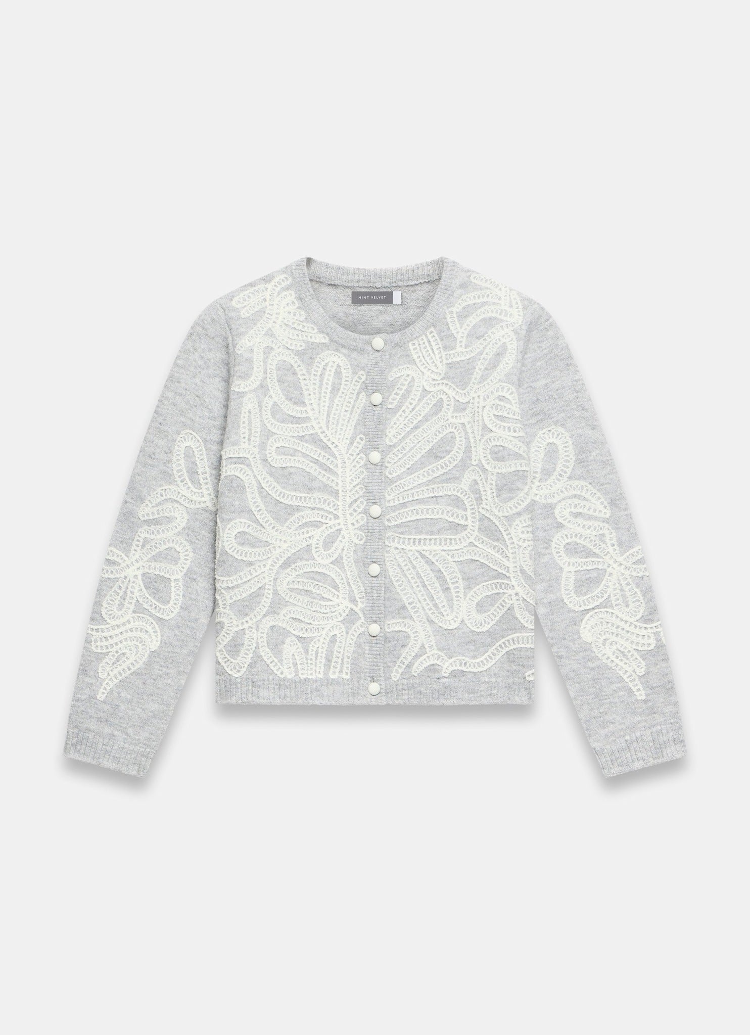 Grey Embroidered Knit Cardigan