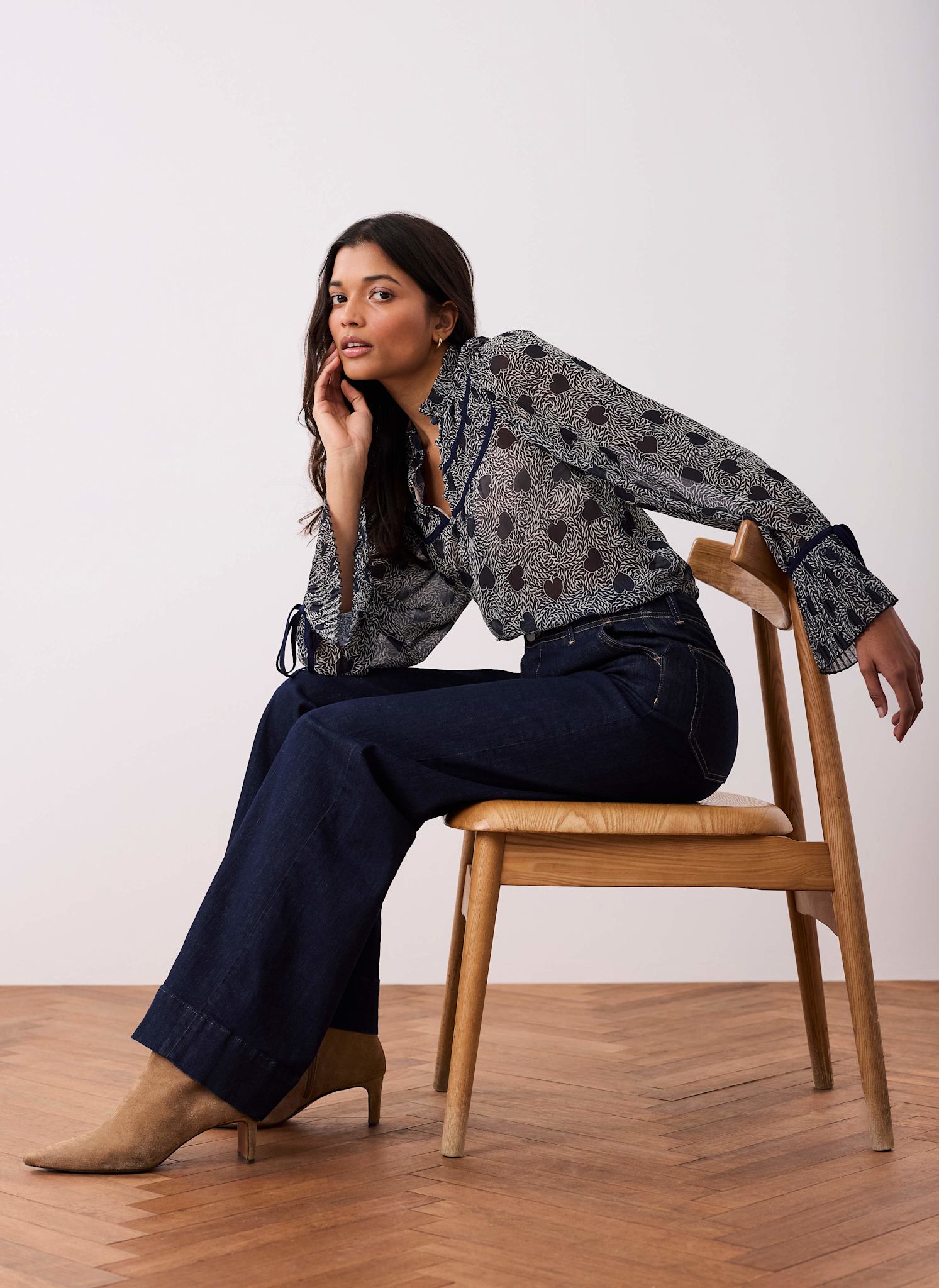 Navy Heart Print Chiffon Blouse