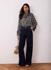 Navy Heart Print Chiffon Blouse