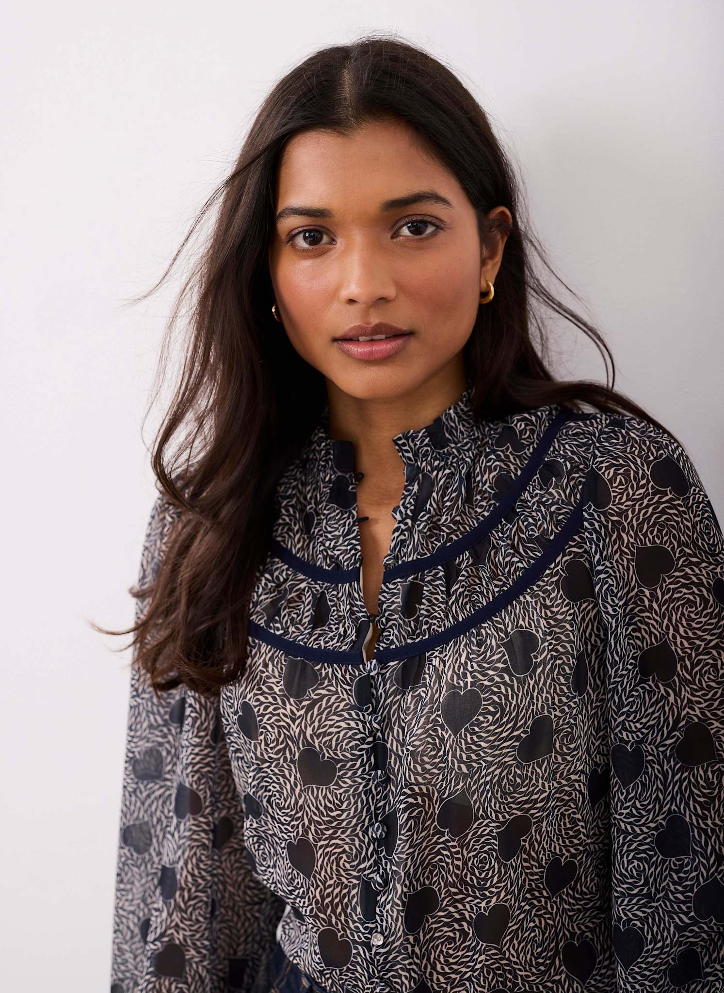 Navy Heart Print Chiffon Blouse