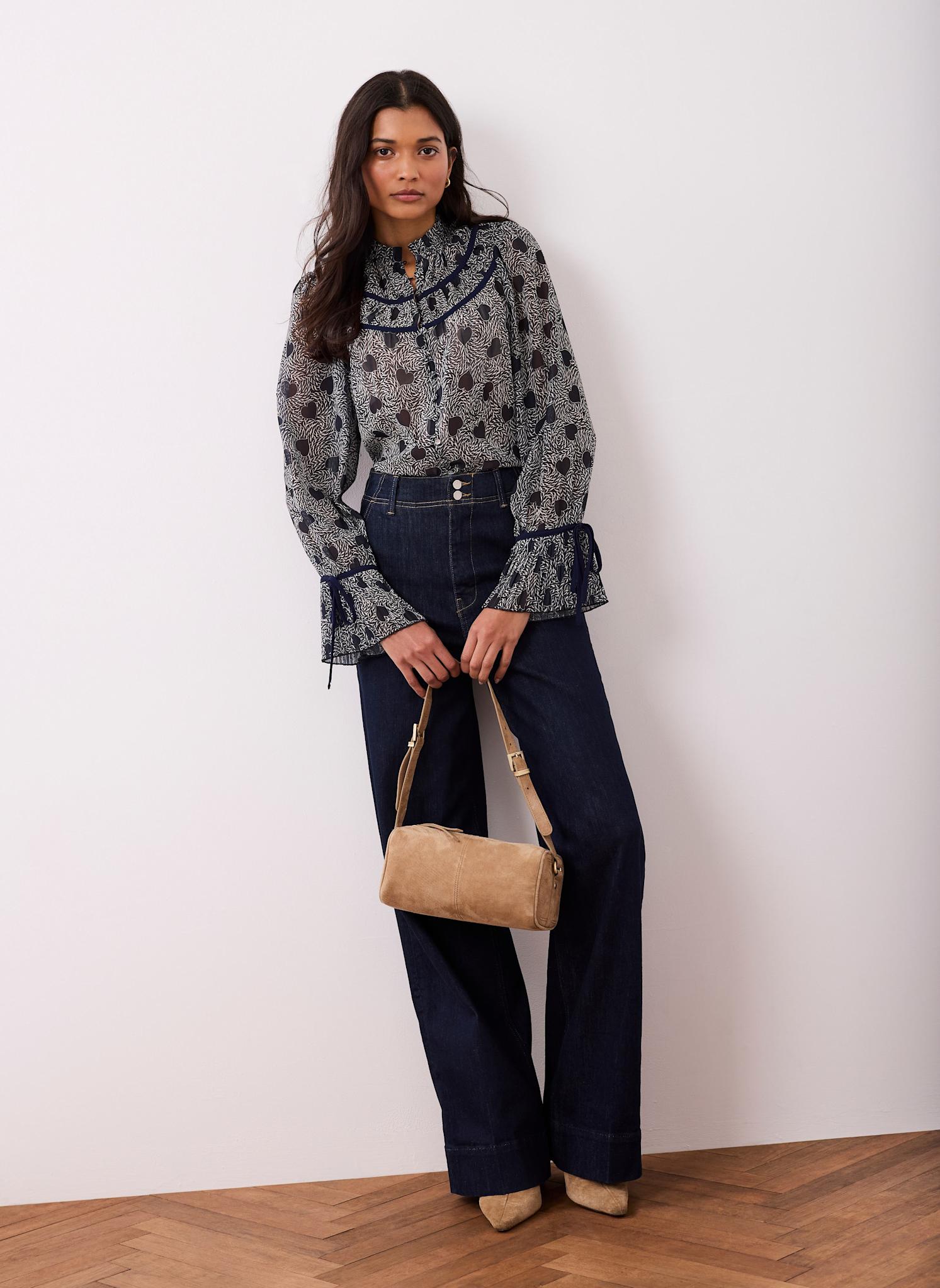 Navy Heart Print Chiffon Blouse