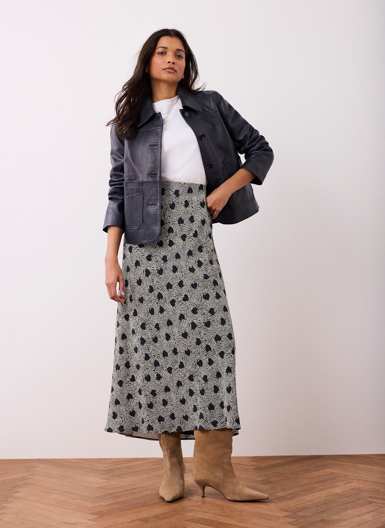 Navy Heart Print Maxi Skirt