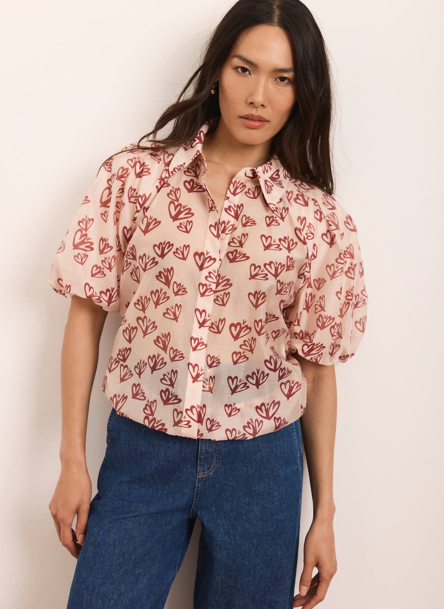 Pink Heart Print Puff Sleeve Shirt