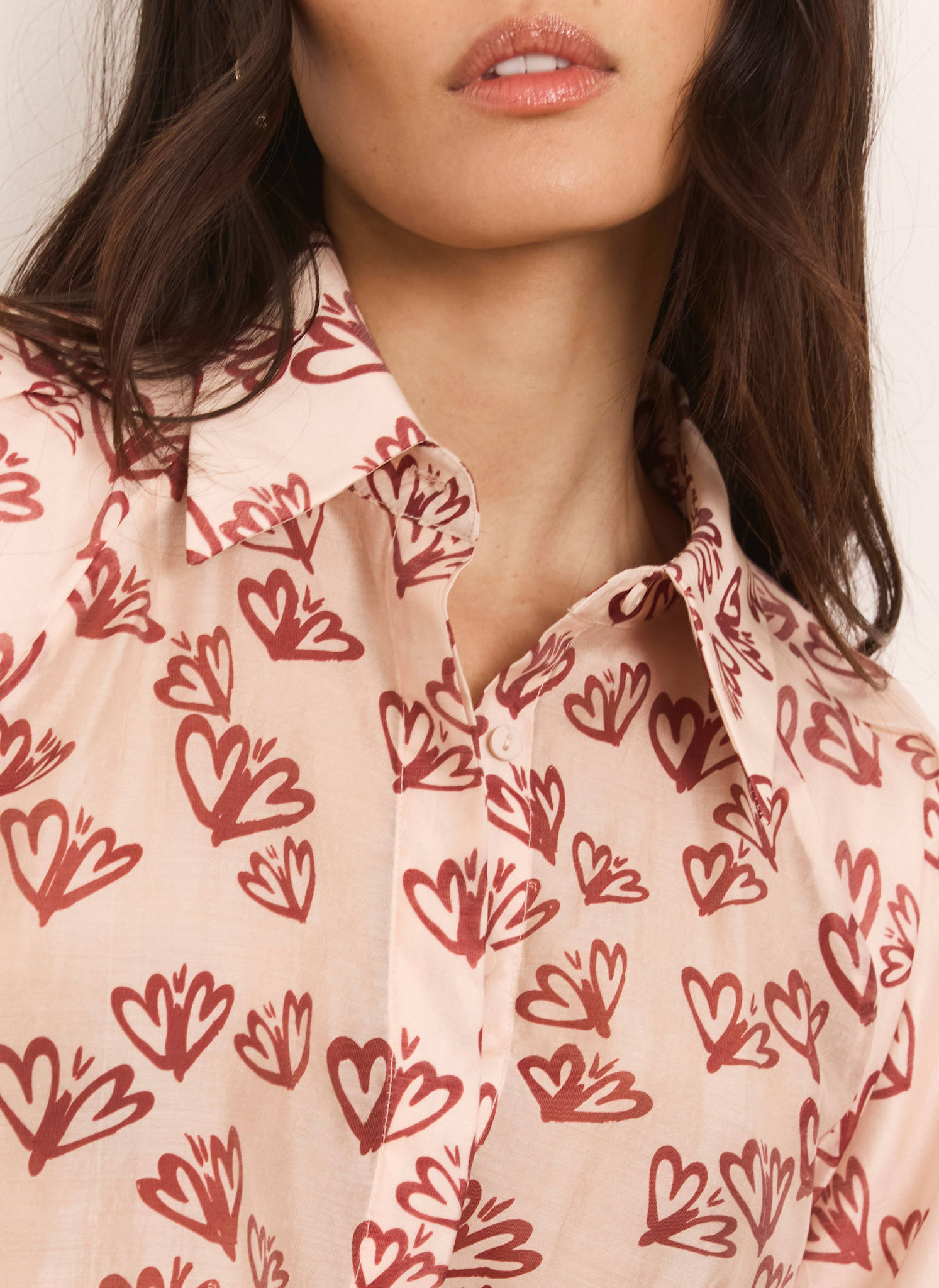 Pink Heart Print Puff Sleeve Shirt