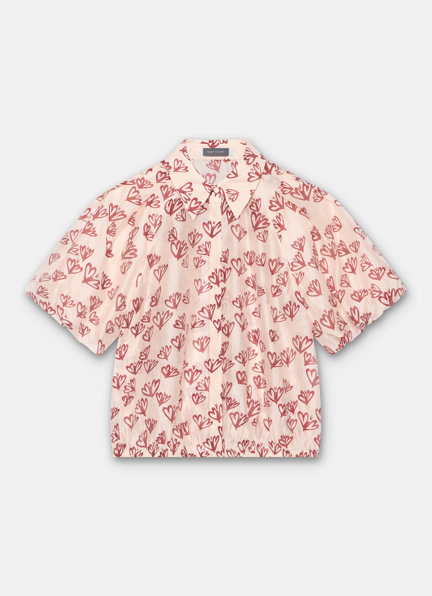Pink Heart Print Puff Sleeve Shirt