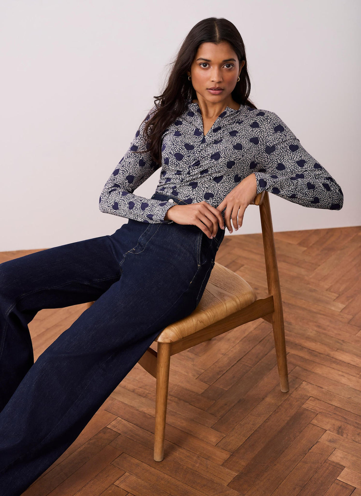 Navy Heart Print Zip Detail Top