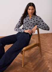 Navy Heart Print Zip Detail Top
