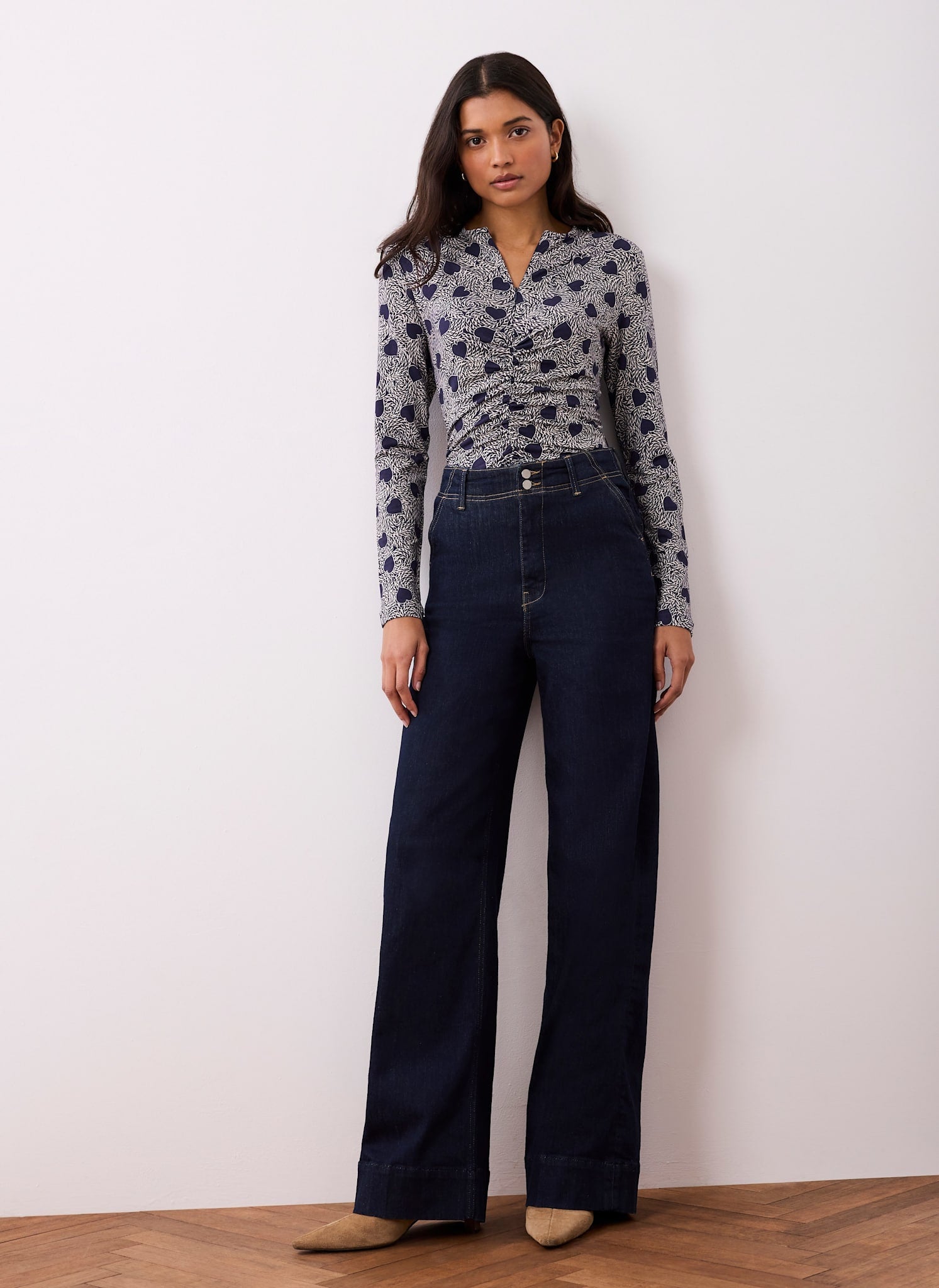 Navy Heart Print Zip Detail Top