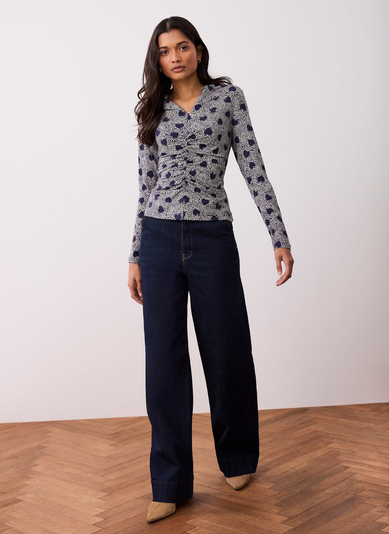 Navy Heart Print Zip Detail Top