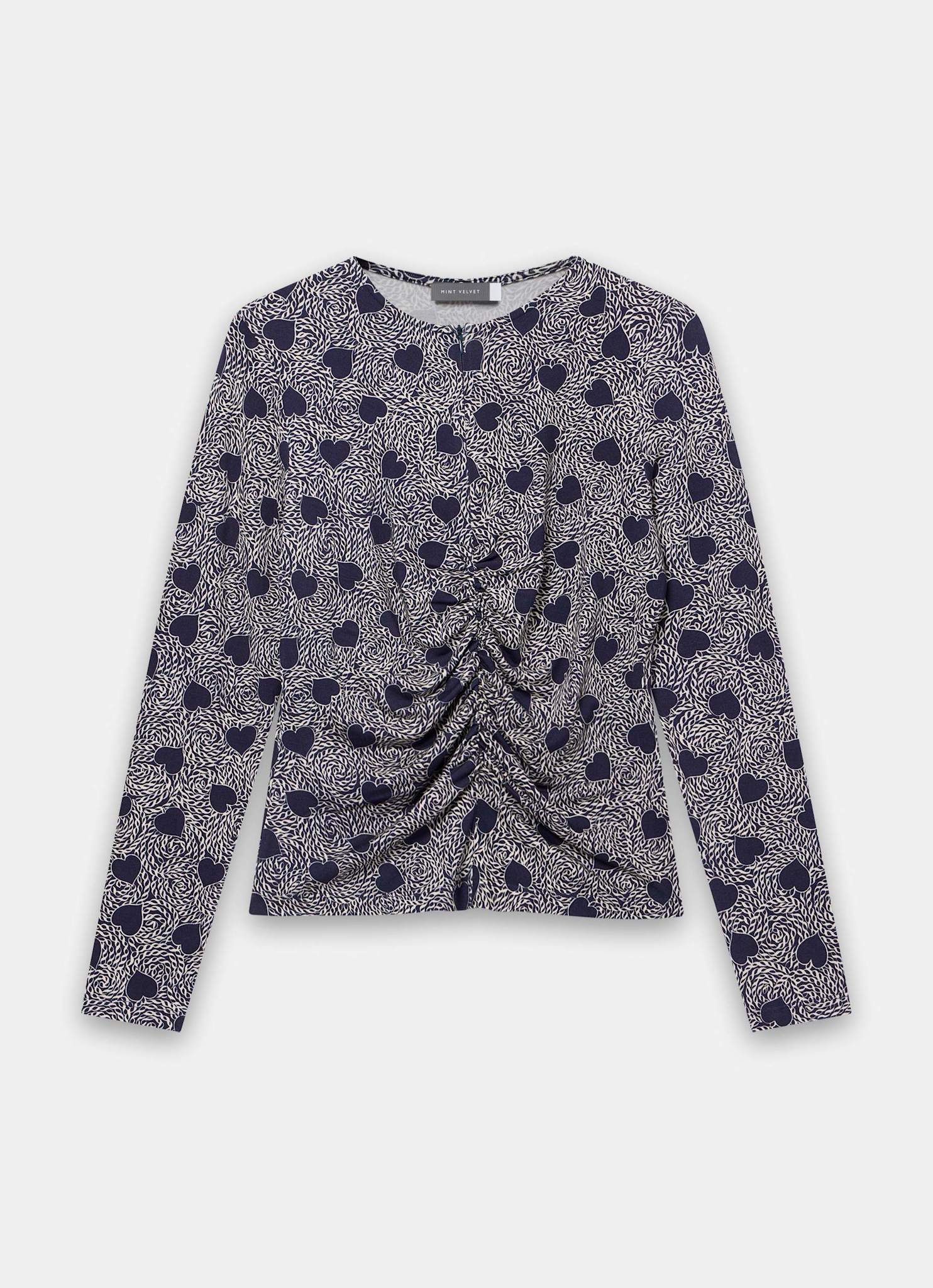 Navy Heart Print Zip Detail Top