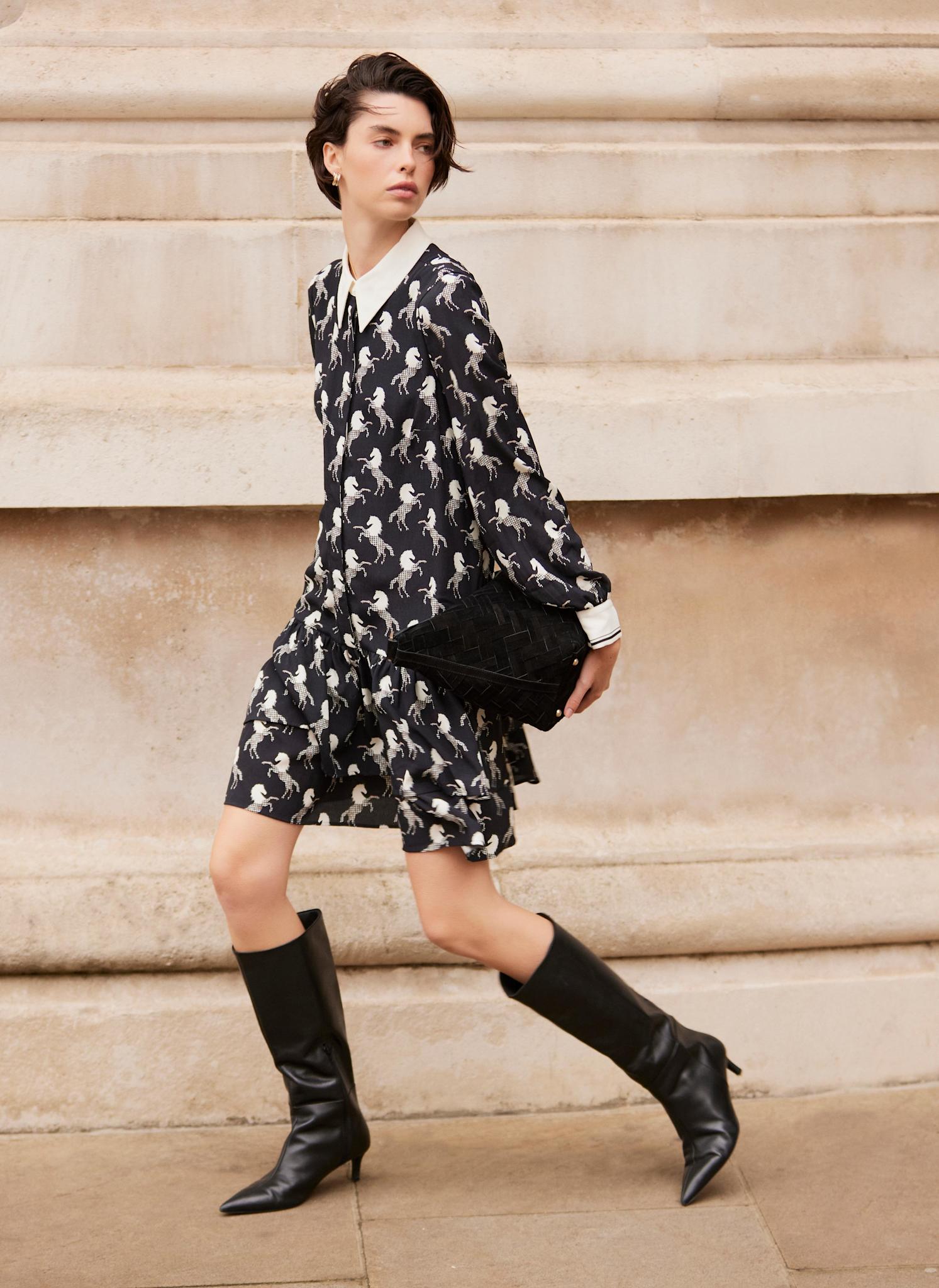 Black Horse Print Mini Shirt Dress