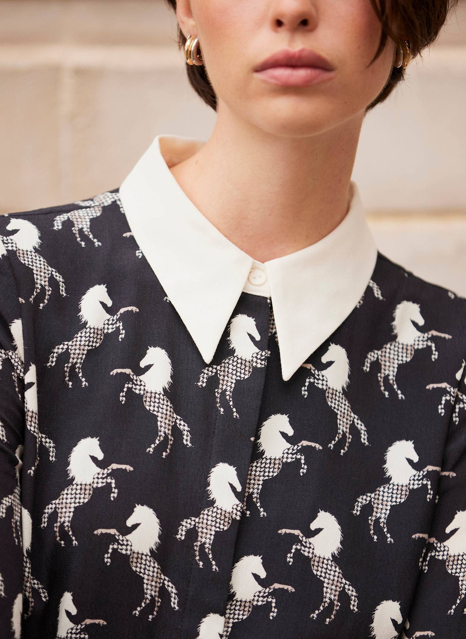 Black Horse Print Mini Shirt Dress