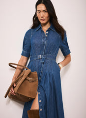 Indigo Denim Belted Midi Shirt Dress