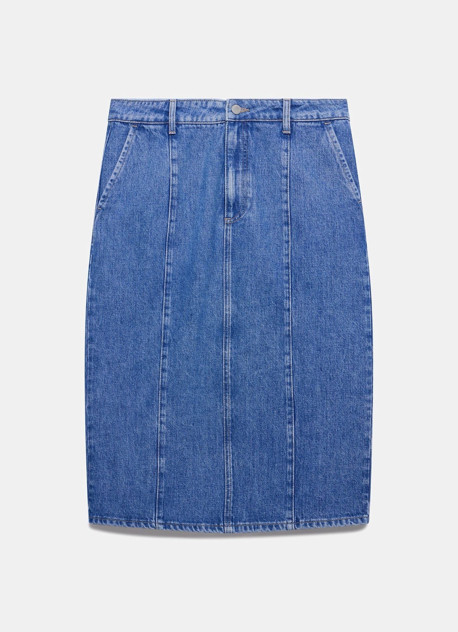 Indigo Denim Straight Midi Skirt