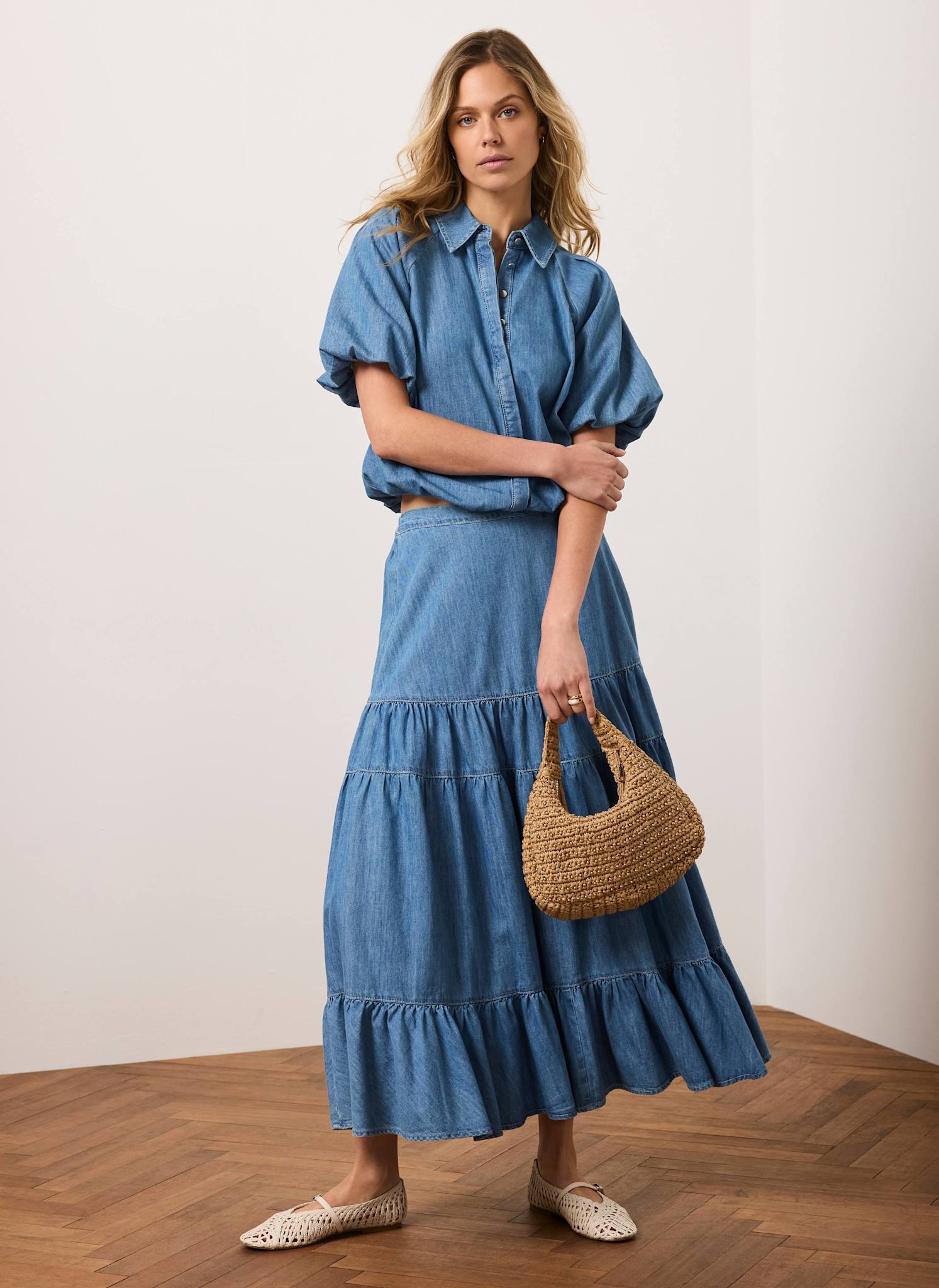 Indigo Tiered Denim Maxi Skirt